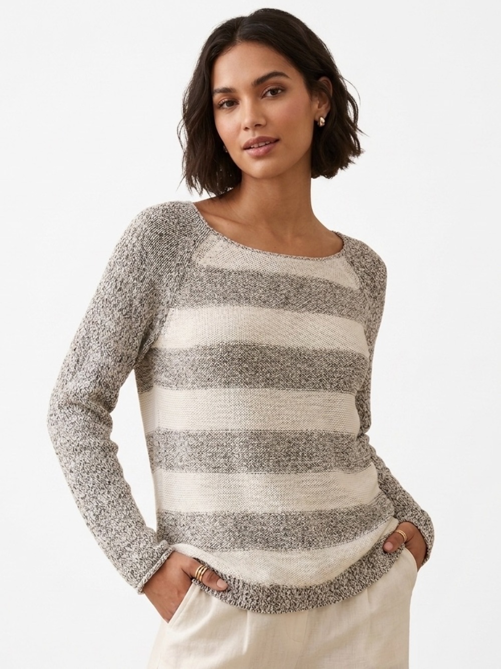 Sanctuary Striped Marled Knit Raglan Pullover Sweater - Size S